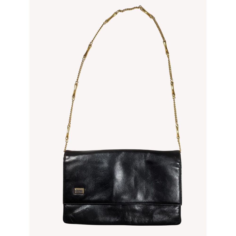 Susan Gail Black Leather Handbag Modernist Gold Bar Bone Chain Strap Vintage 60s